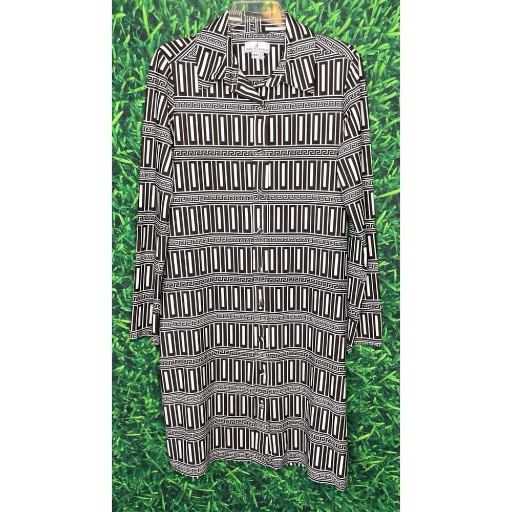 Jude Connally Long Sleeve Button Front Shift Stretch Dress Medium Brown White